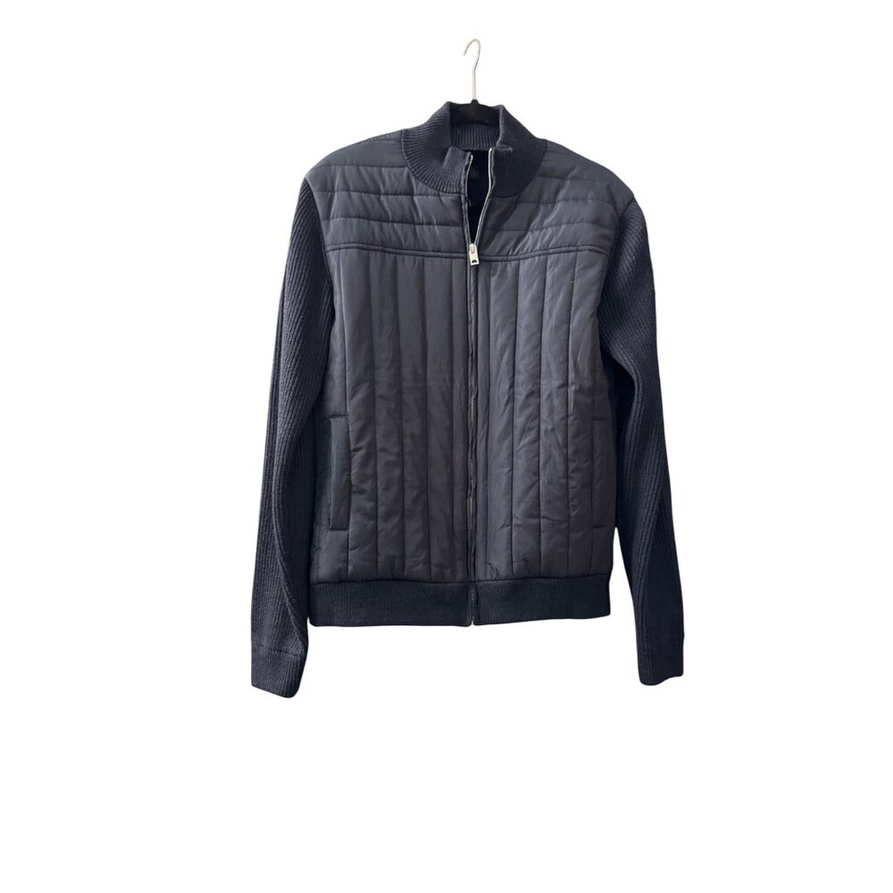 Magaschoni Mens Quilted Front Knit Jacket With Ribbed Sleeves & Collar S/P Gray